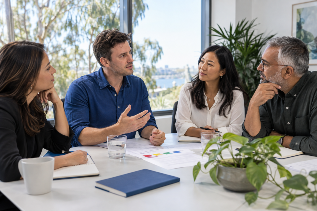 Four colleagues discuss a document around a table in a bright office