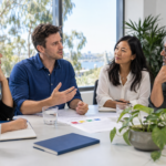 Four colleagues discuss a document around a table in a bright office