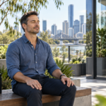 Man sitting with eyes closed on a rooftop terrace, with a city skyline and bridge in the background