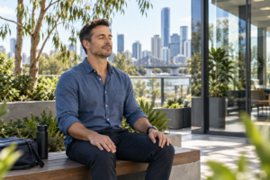 Man sitting with eyes closed on a rooftop terrace, with a city skyline and bridge in the background