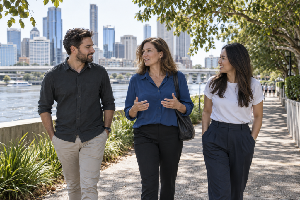 Three people walk and talk along a riverside path, with a city skyline and bridge behind them