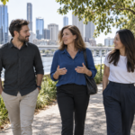 Three people walk and talk along a riverside path, with a city skyline and bridge behind them