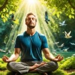 A man meditating in the woods, surrounded by greenery and birds.
